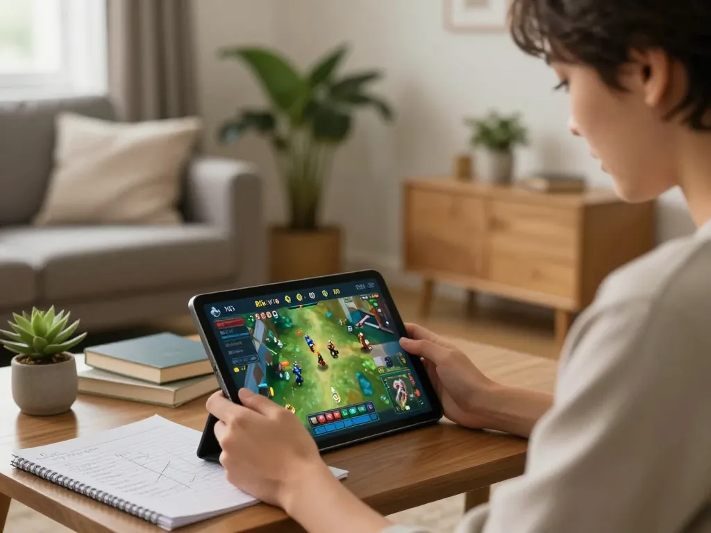 Engaged player enjoying Rik vip online casino game on tablet in a cozy home setting.