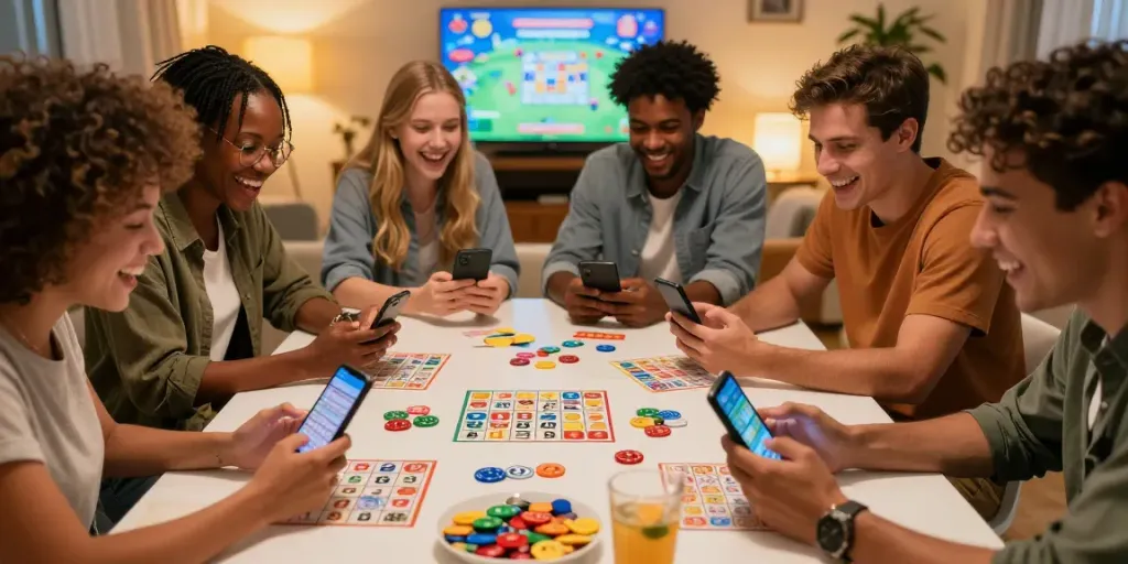 Bingo app download apk in a lively group gaming setting with friends enjoying Bingo on mobile devices