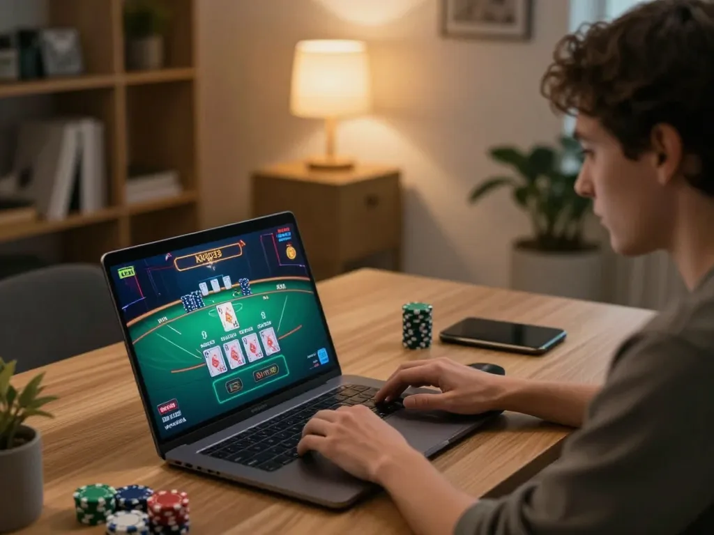 Player engaged in King33 online blackjack, showcasing cards and strategy in a stylish setup.