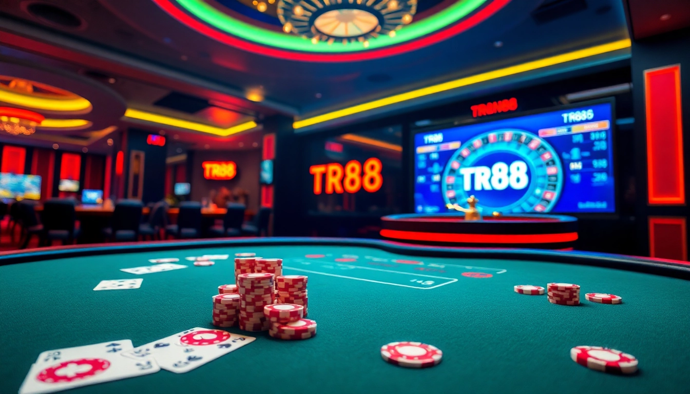 Engaging baccarat gameplay at TR88 casino, showcasing vibrant tables and exciting betting action.