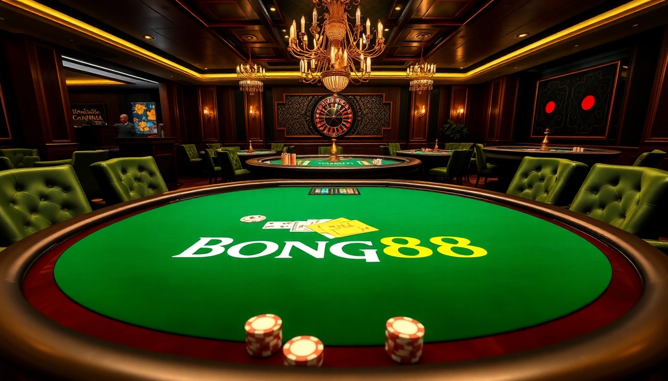Bong88 enhances the gaming experience at a luxurious poker table with vibrant chips and cards.