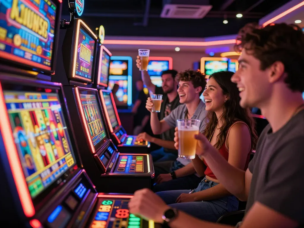 Players celebrating wins at kerajaanslot machines in a vibrant casino atmosphere with neon lights.