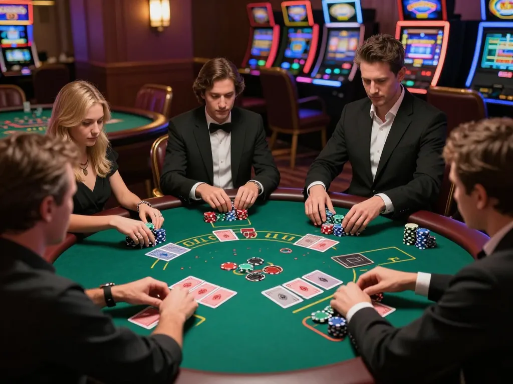 Players engaging at MM88 blackjack table, showcasing strategic betting and vibrant casino ambiance.