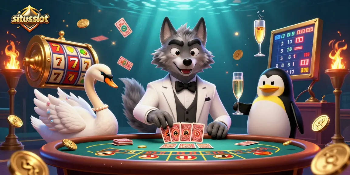 Permainan slot situsslot dengan karakter kasino seperti serigala, angsa, dan penguin yang menarik.
