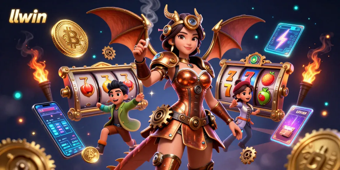 llwin gaming illustration showcasing a stunning woman, bitcoin and slot reels within a vibrant casino scene.