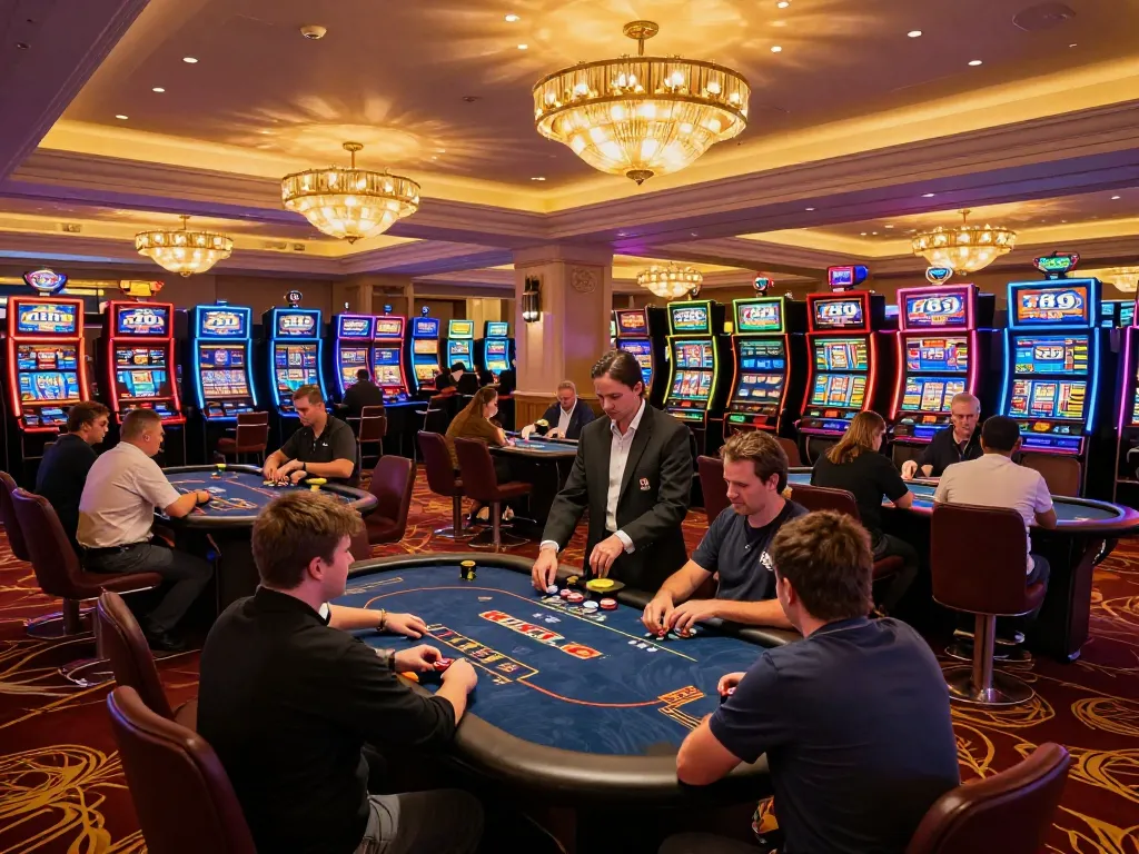 Dynamic gaming scene at 789 club casino showcasing players at poker tables and vibrant slot machines.