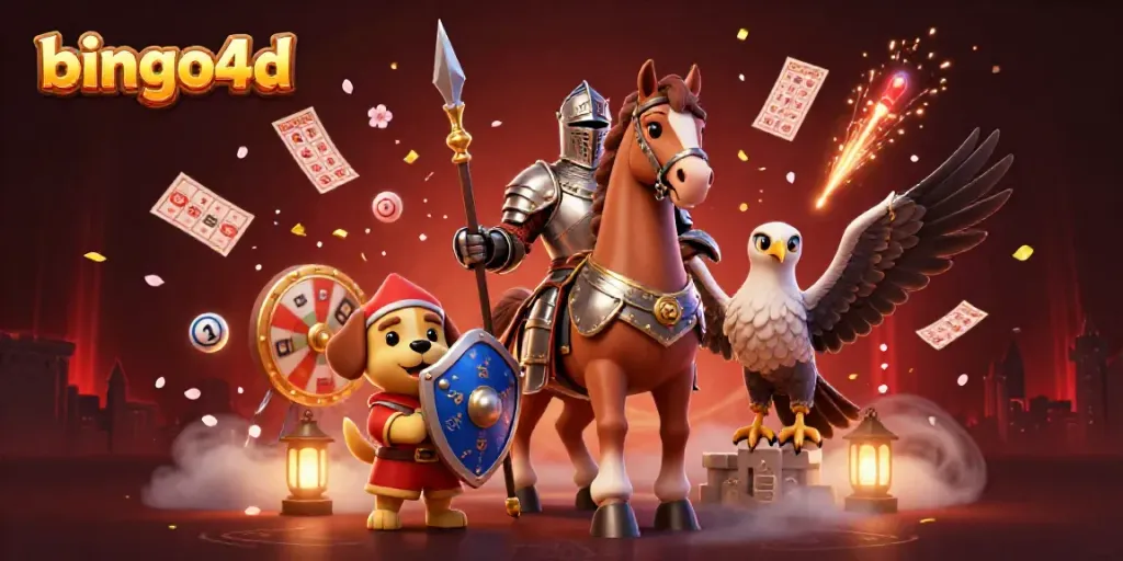 Permainan bingo4d yang dimeriahkan dengan kartu bingo dan bola bernomor terbang di antara karakter 3D yang menarik.