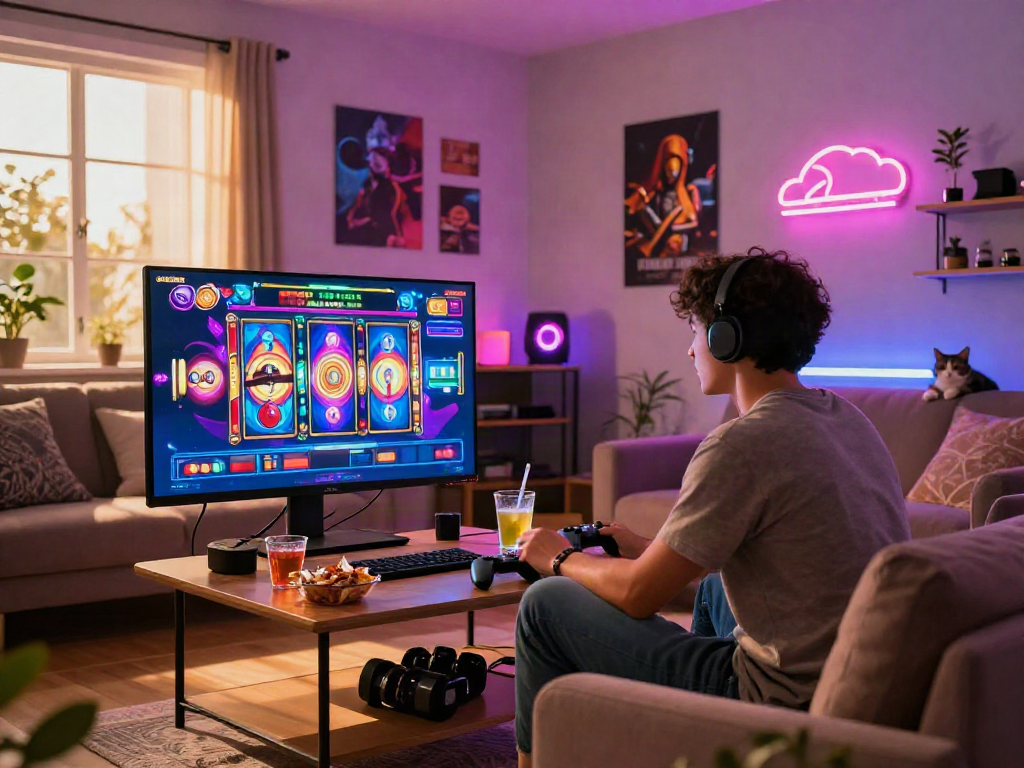 Exciting gamer enjoying slot online games in a cozy modern living room.