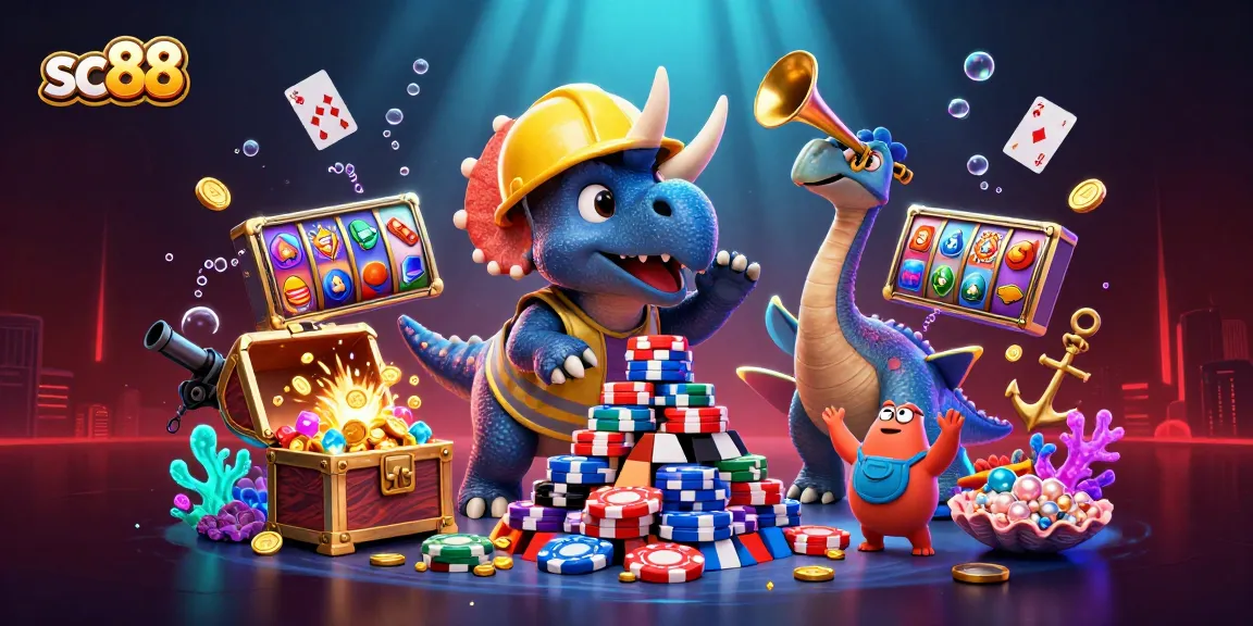 sc88 captivates gamers with a vibrant poker chip building scene featuring lively characters.