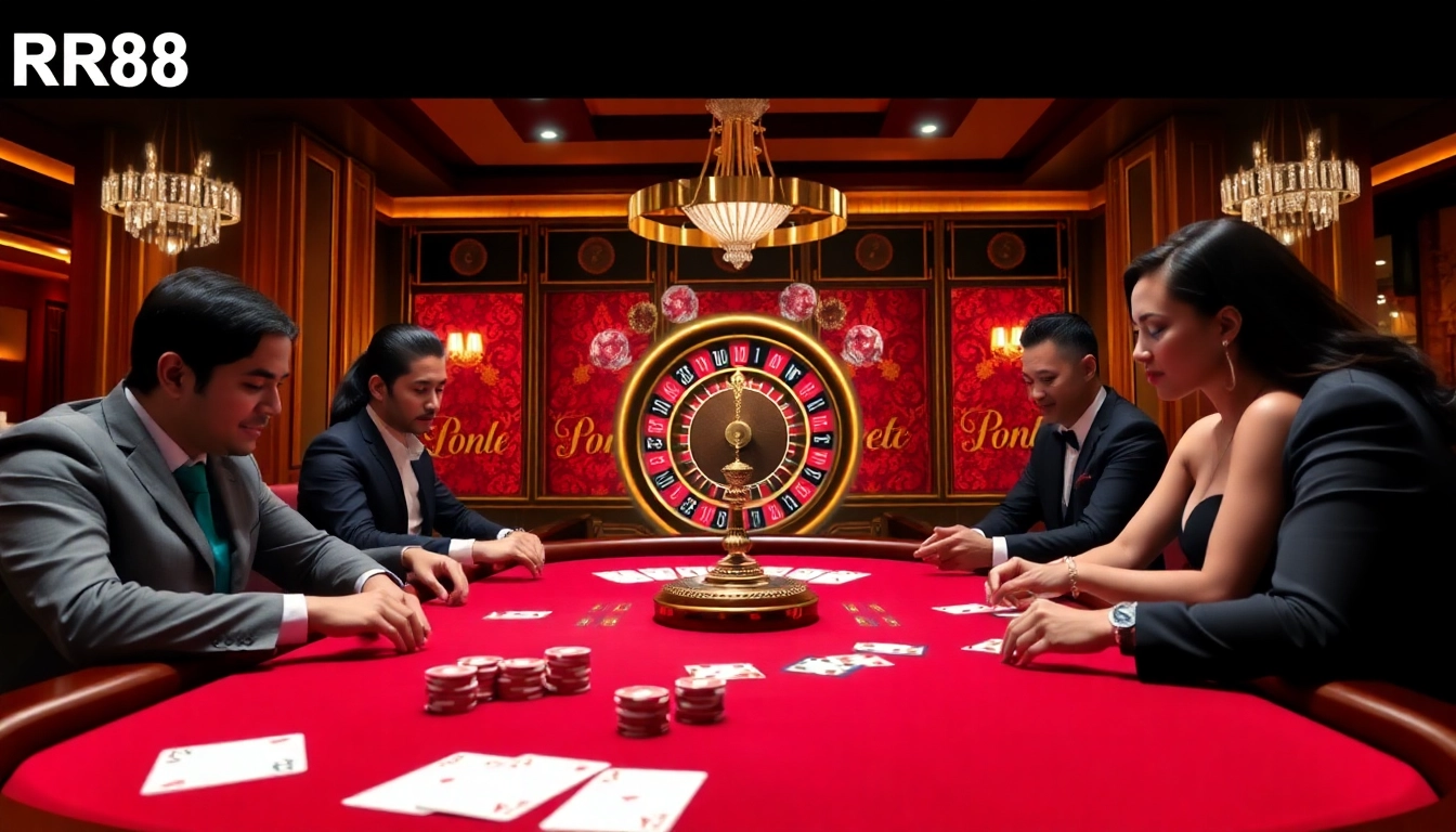 Players betting at a luxurious RR88 poker table, showcasing excitement and elegance.