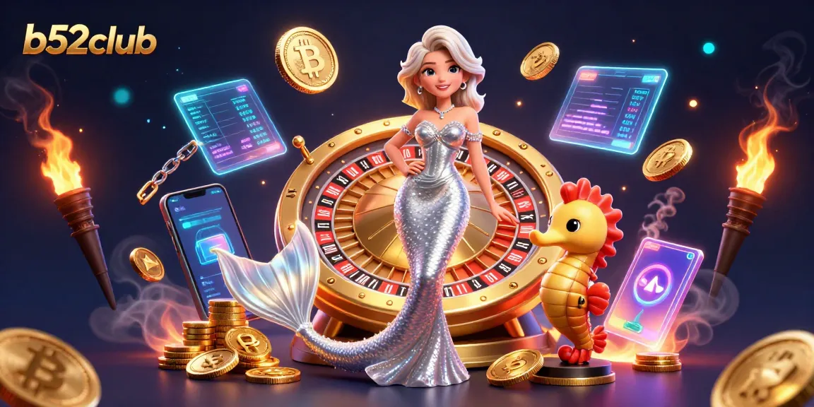 Experience thrilling gameplay at b52club with a glamorous mermaid and roulette wheel in captivating scenery.