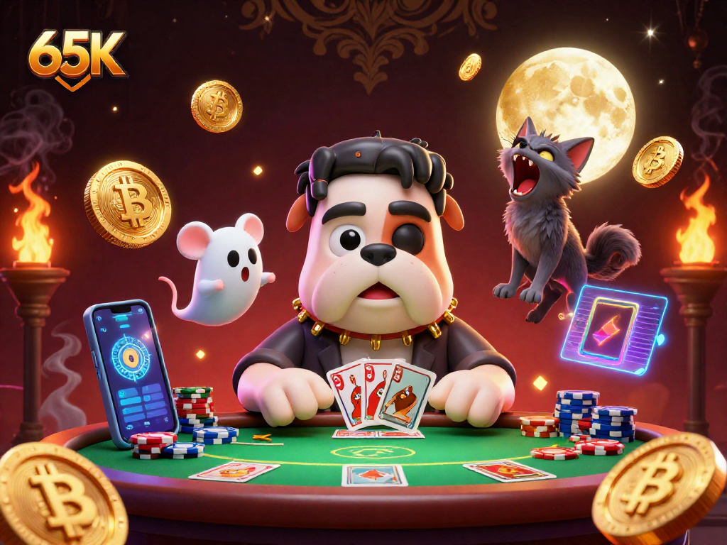 Frankenstein bulldog do 65K distribuindo cartas em um jogo de poker com ambiente sombrio e elementos de criptomoedas.