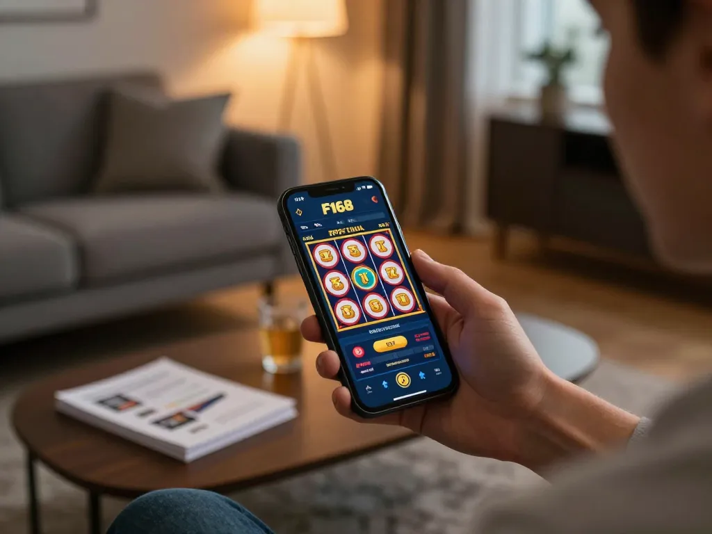 Engaging with the F168 app while enjoying an online casino experience in a comfortable home setting.