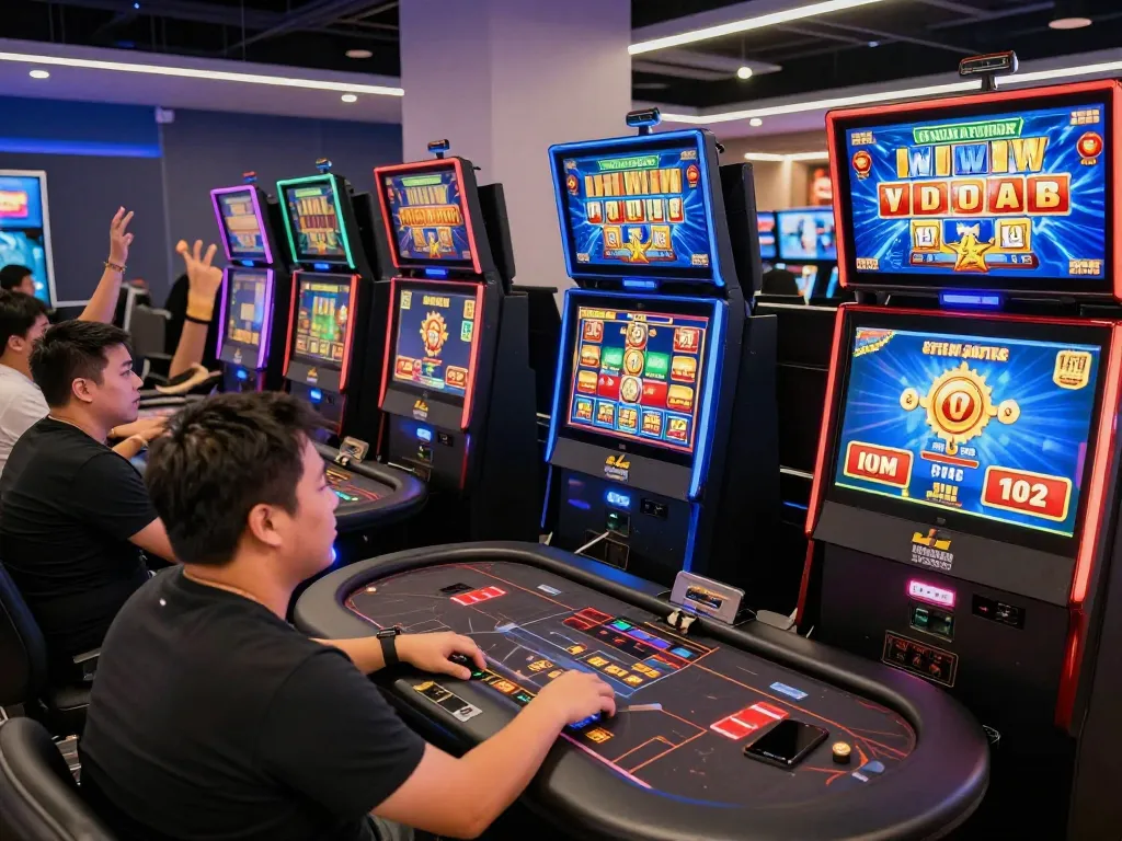 Engaging scene of players enjoying RUSUNTOGEL's online slot games in a vibrant gaming lounge.