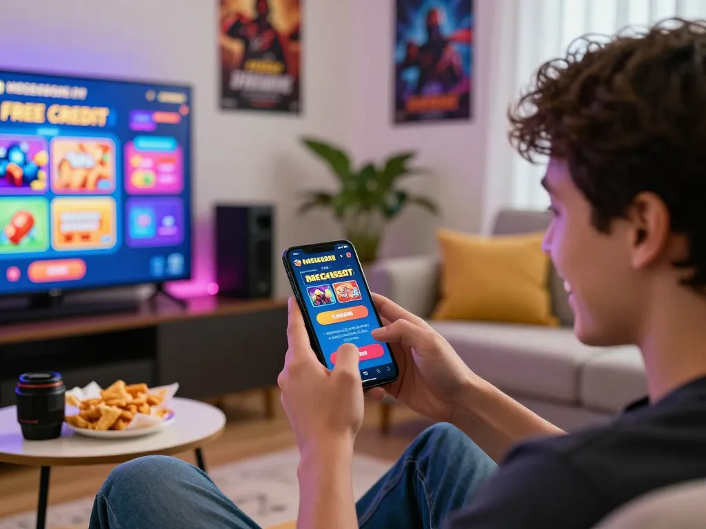 Excited player using free credit mega888 on smartphone in cozy living room, gaming graphics and snacks surrounding.