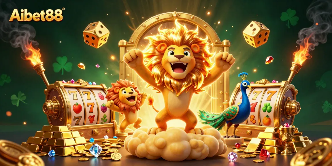 Aibet88 delivers thrilling winnings with golden treasures, slot reels, and vibrant gems in a captivating casino scene.
