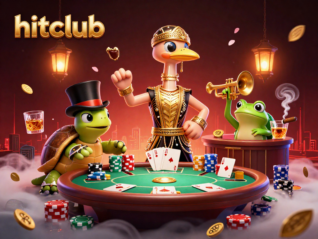 The hitclub scene showcases a vibrant 3D casino environment with dynamic poker elements and unique characters.