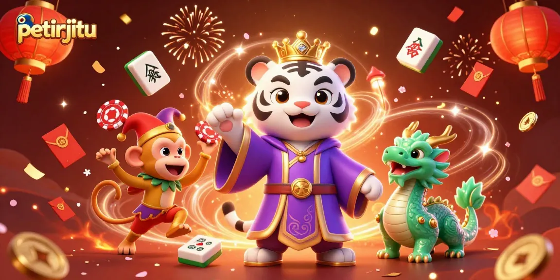 Permainan seru di petirjitu bersama harimau kartun dan monyet jester yang juggle chip poker.