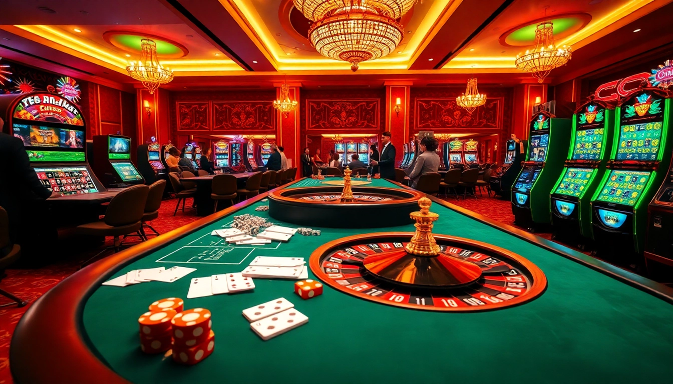 Experience the thrill of Game bài bom tấn with vibrant casino visuals featuring tables, cards, and exciting gameplay.