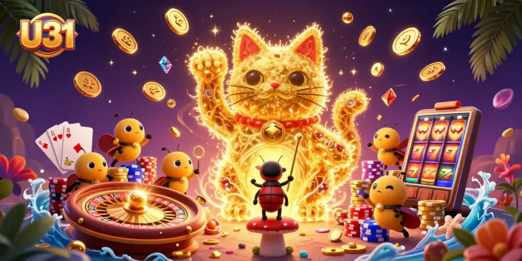 U31 casino logo featuring a giant lucky cat and vibrant casino elements for an engaging gambling experience.