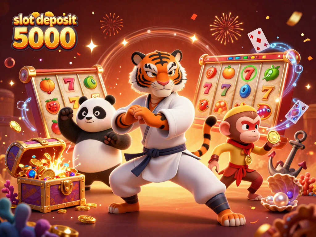 Engage with slot deposit 5000 at online casino, featuring kung fu tiger and panda in a vibrant, colorful scene.