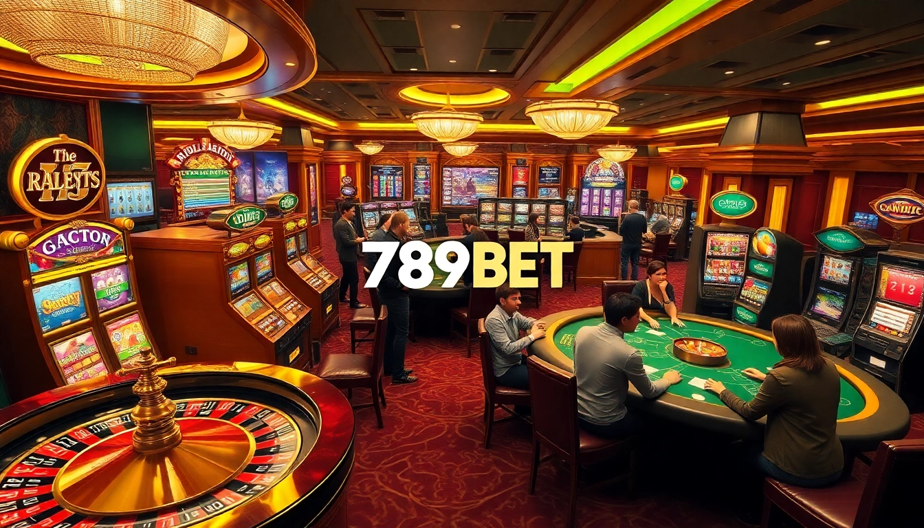 Casino players enjoying games at 789BET with vibrant slot machines and roulette tables.