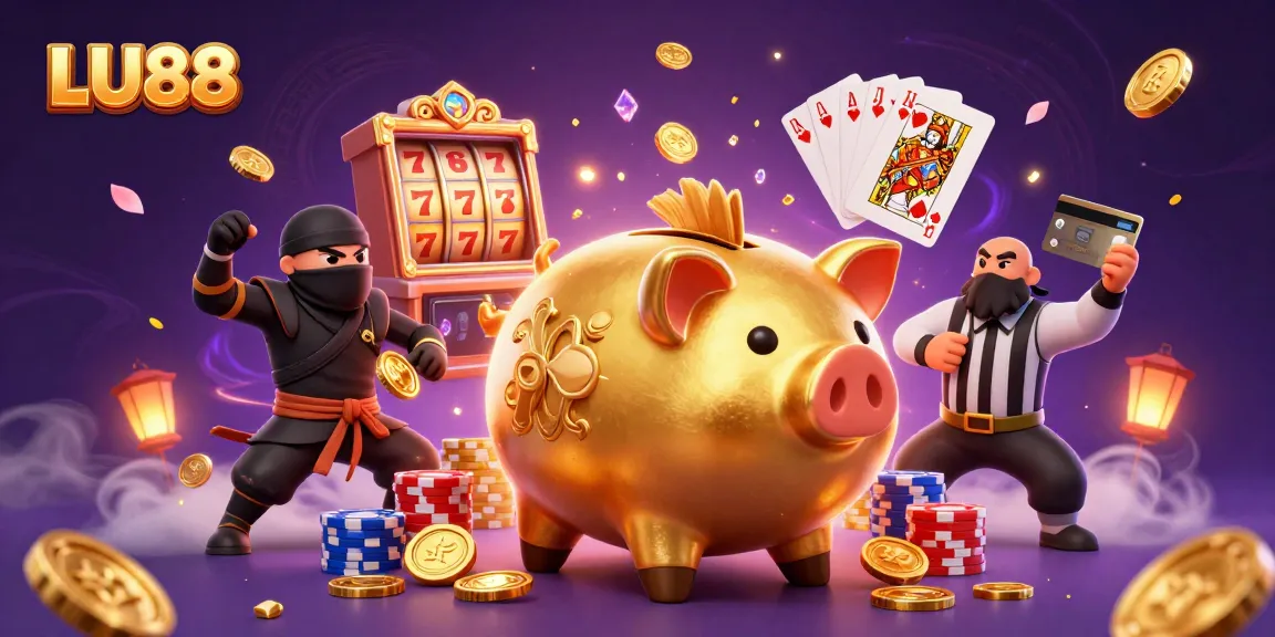 LU88 showcases big wins with a golden piggy bank wrestler and dynamic casino elements in action.