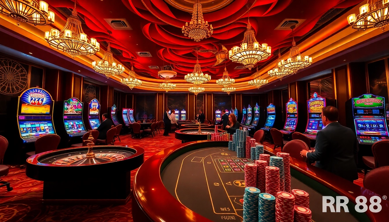 Experience the thrill of RR88 at a luxurious casino with vibrant slot machines and poker tables.