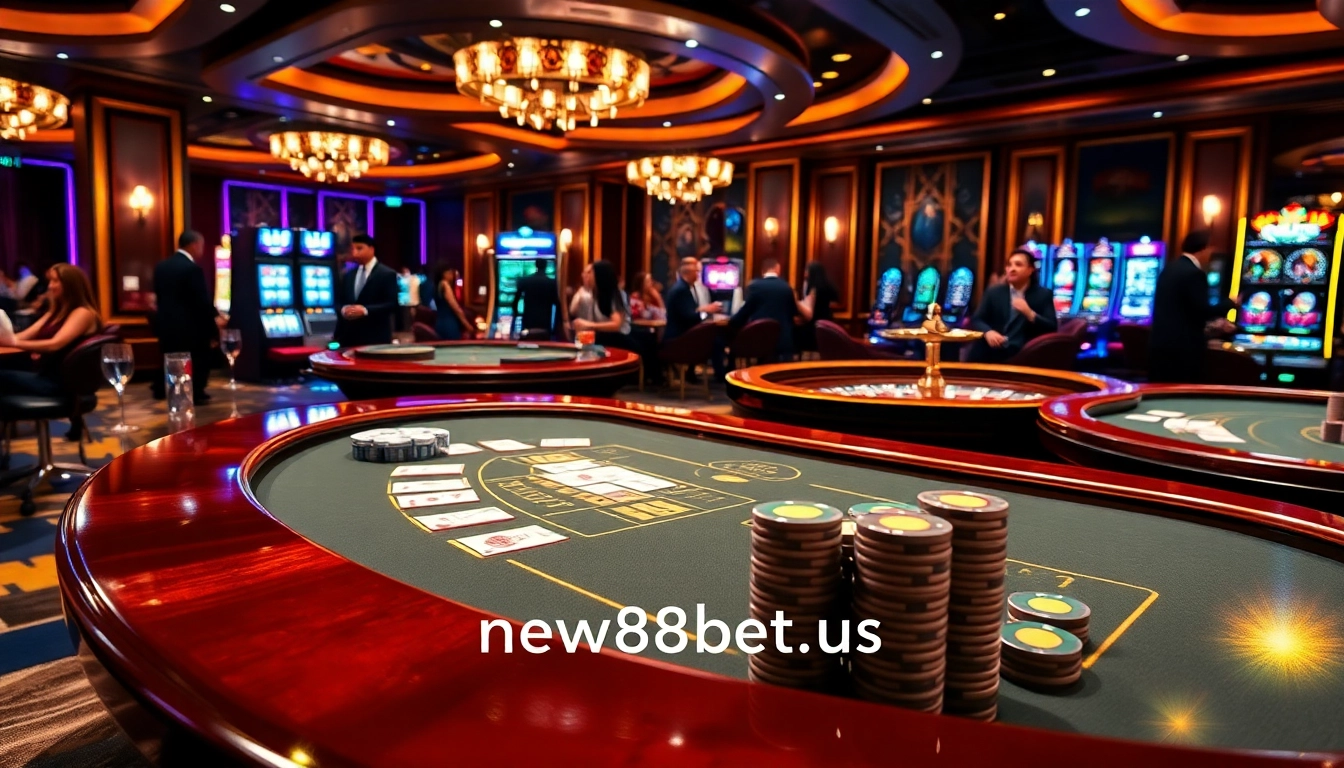 Experience thrilling gaming at https://new88bet.us/ with casino tables, poker chips, and excited players.