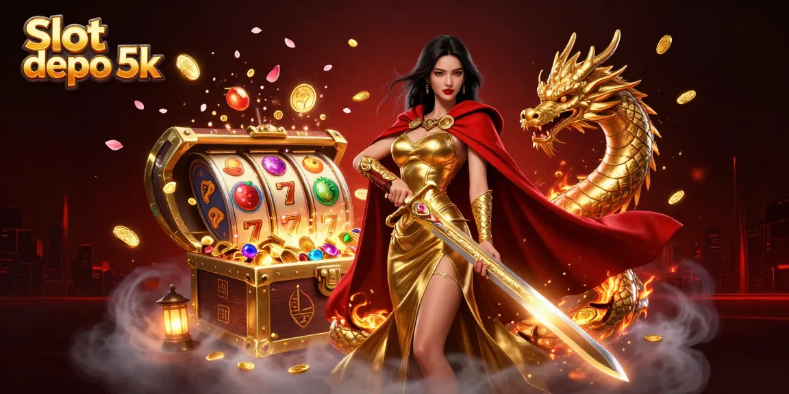 Engage in thrilling games with Slot depo 5k showcasing a stunning Asian warrior queen and golden visuals in an exciting casino atmosphere.