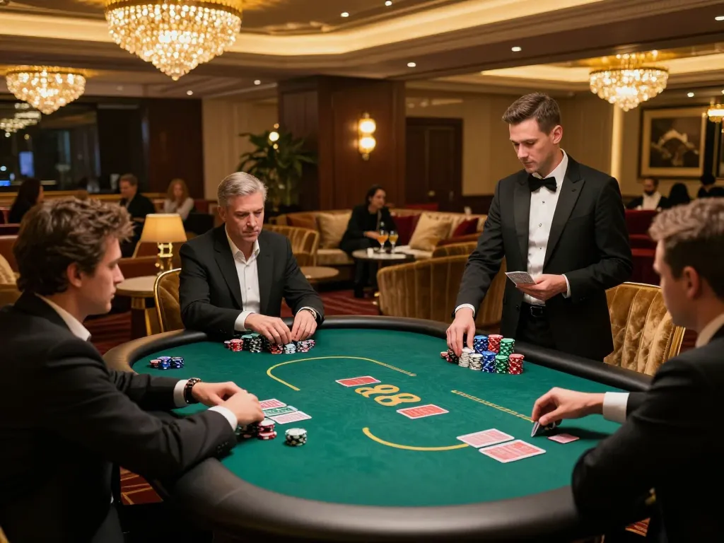 Experience high-stakes gameplay at DH88's luxurious VIP gaming area with engaged players, shining chips, and ambient lighting.