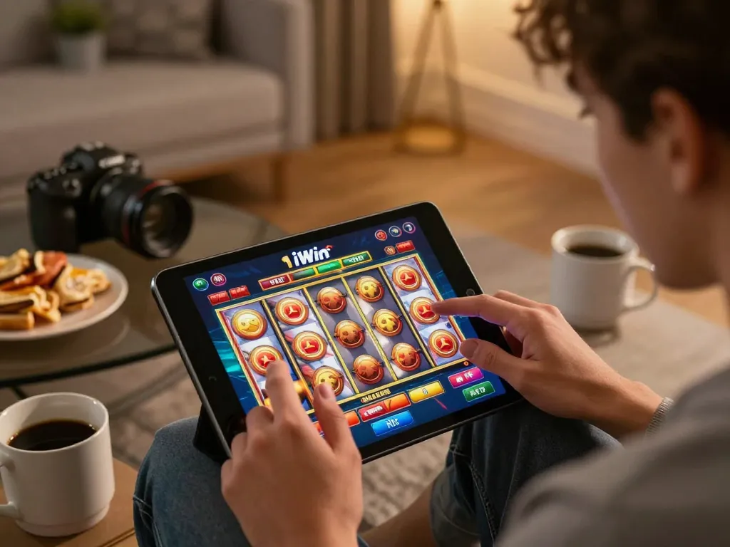 Engaging in exciting gameplay at iWin, analyzing betting options on a tablet in a cozy home setting.