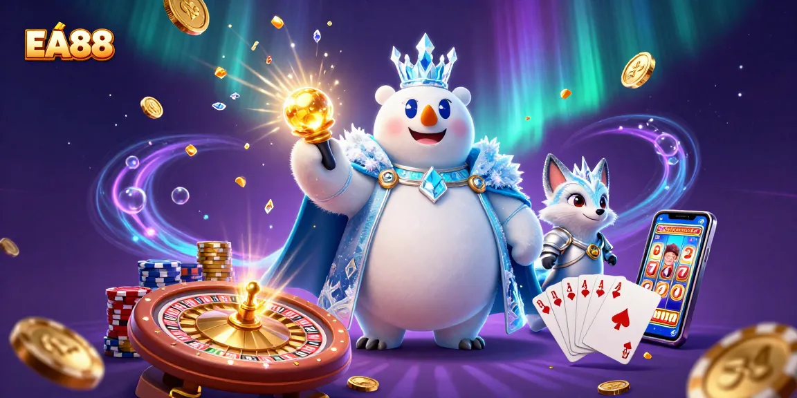 Win at EA88 with a dynamic 3D casino scene featuring lucky symbols and vibrant characters.