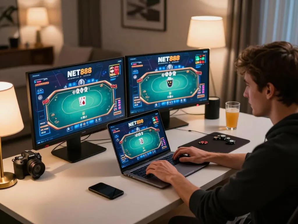 Player enjoying a live poker game at NET88 online casino, showcasing dynamic gameplay