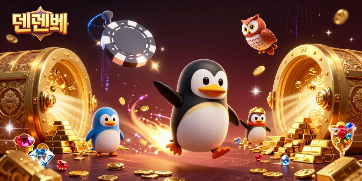 Experience the exciting action of 텐텐벳 as a golden penguin soars through a vibrant casino space.