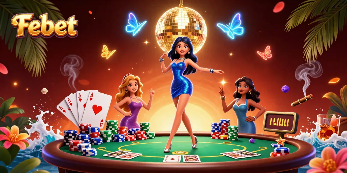 Experience thrilling gaming at Febet with vibrant casino-themed illustration featuring dynamic characters.