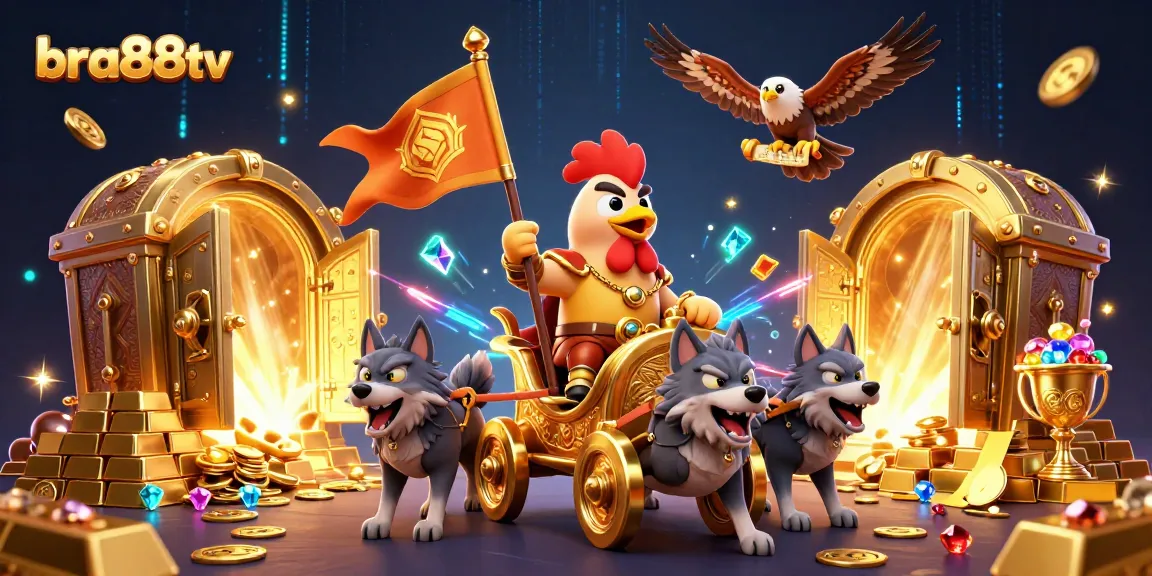 bra88tv showcases a cartoon rooster warlord leading a treasure-filled adventure in an extravagant casino.