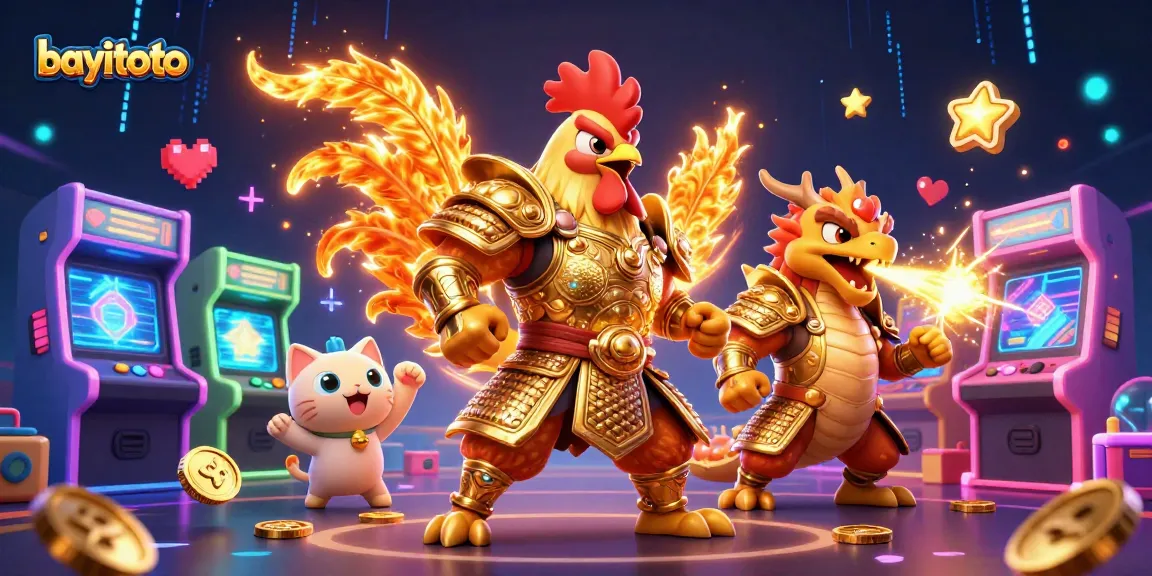 Engage with bayitoto's vibrant gaming scene featuring a fighting rooster warrior and dragon hatchling.