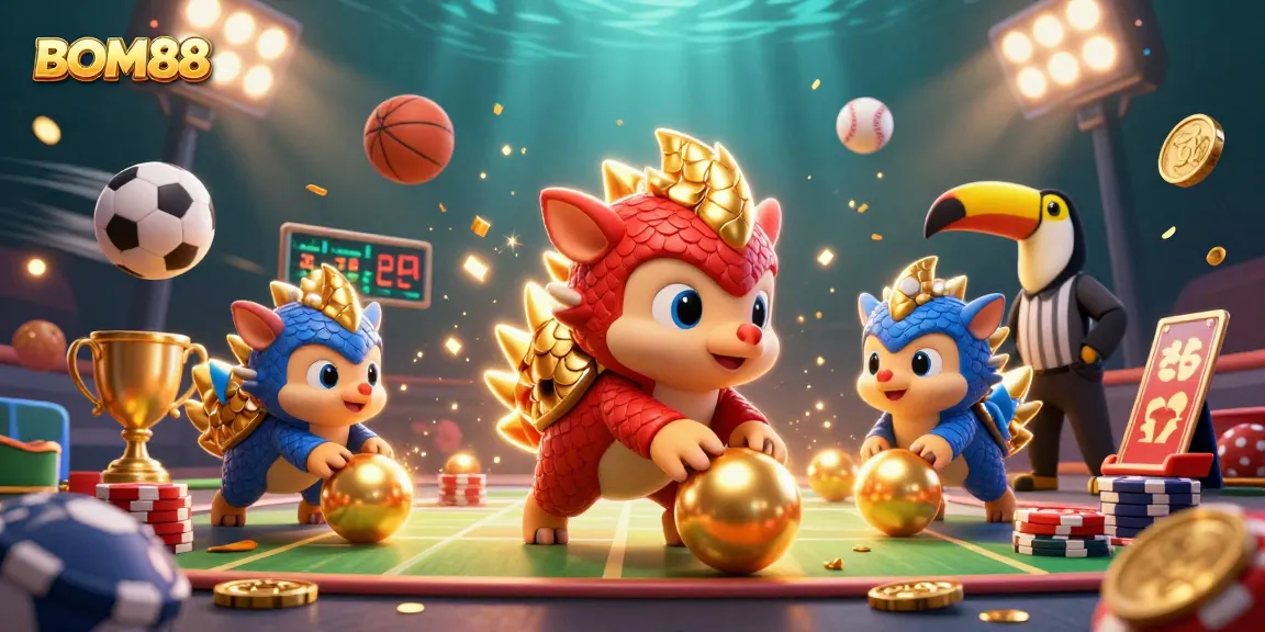 Engaging BOM88 gaming scene with vibrant pangolins, golden coins, and thematic casino elements