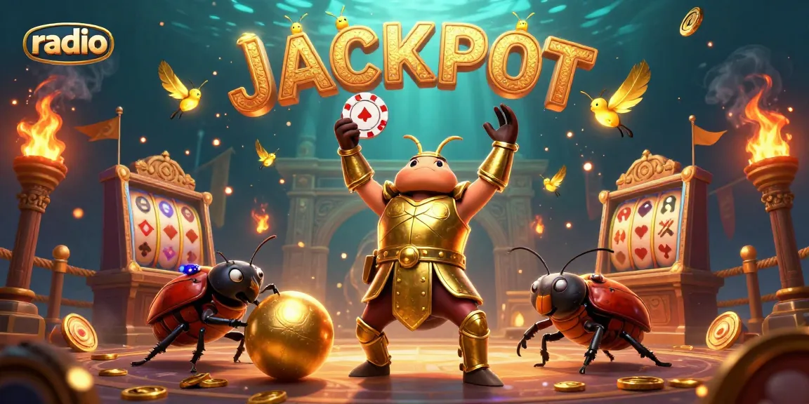 Engaging radio-themed illustration highlights the excitement of slot gaming, featuring dynamic beetle characters.
