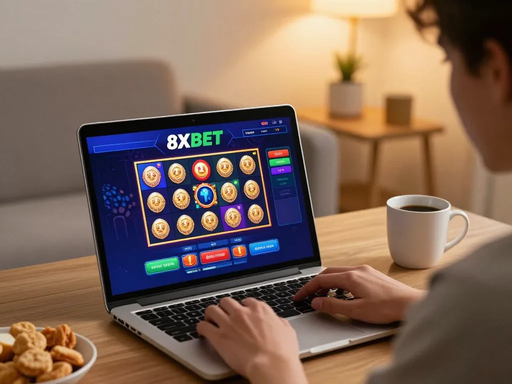 Player enjoying an online game on 8xbet, featuring vibrant slot graphics and a cozy home environment.