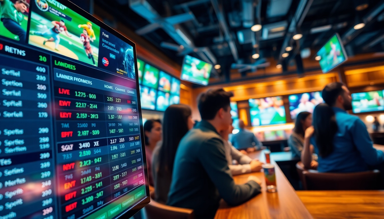 Engaging sports betting scene depicting vibrant betting activities and live odds display.