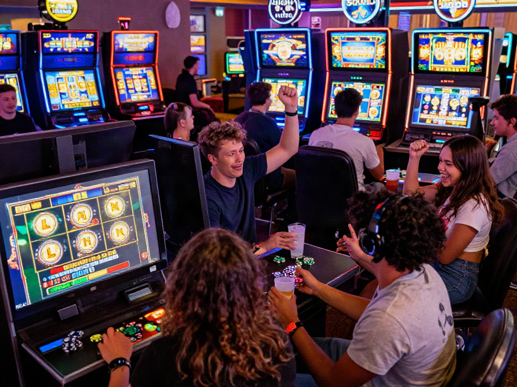 Players enjoying slot games in a lively online casino setting, showcasing excitement and community.