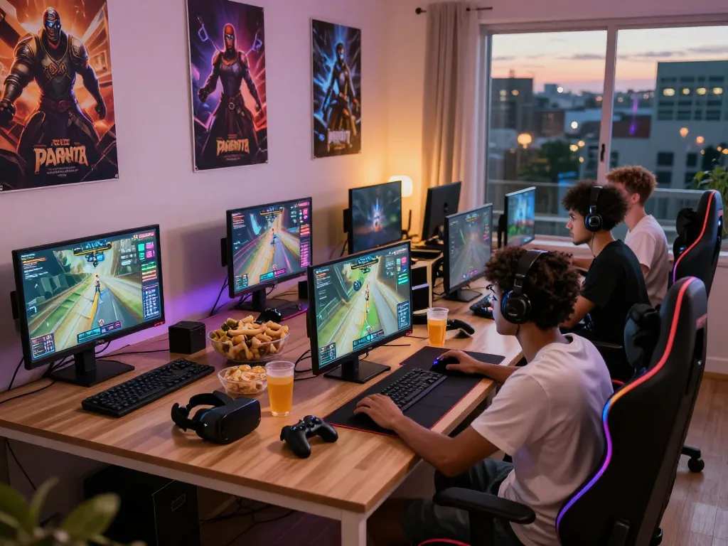 Gamers enjoying Panen178 gameplay on multiple screens in vibrant home setup.