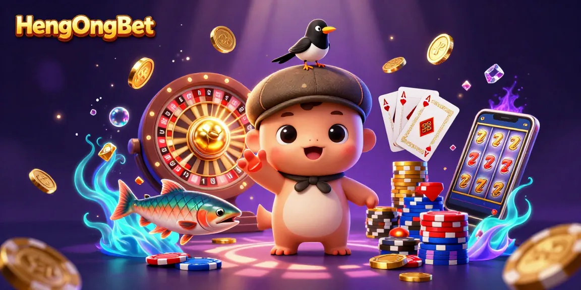 Play at HengOngBet with vibrant slot reels, golden coins, and exciting gambling elements.