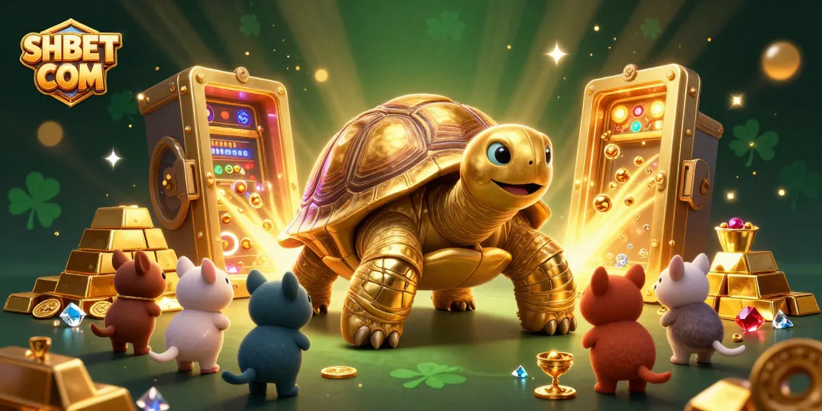 Engage with SHBET COM's vibrant world of gaming featuring a golden tortoise pinball machine and treasure vault.