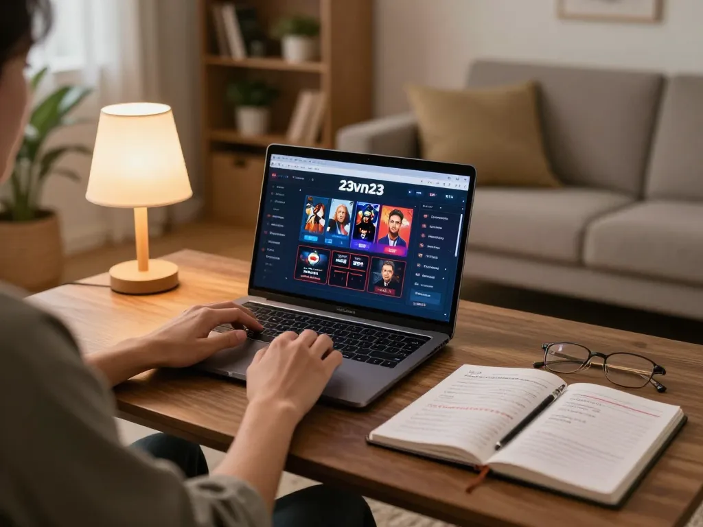 Engaging with 23vn23 online casino on a laptop, showcasing responsible gaming practices in a cozy setup