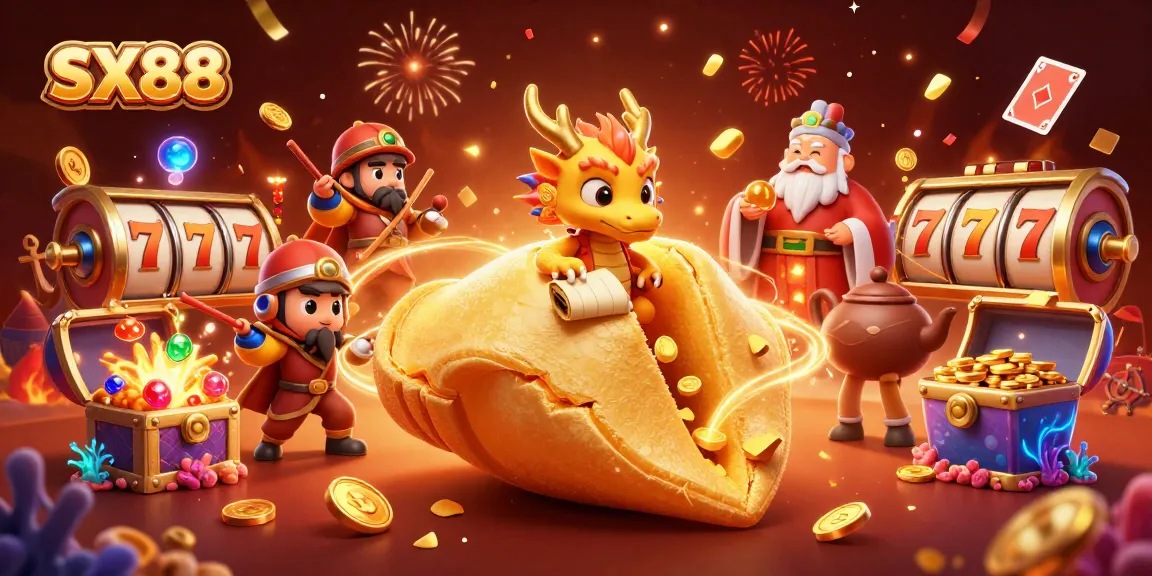 SX88 platform featuring a giant fortune cookie, a wise dragon, and lucky slot game elements.
