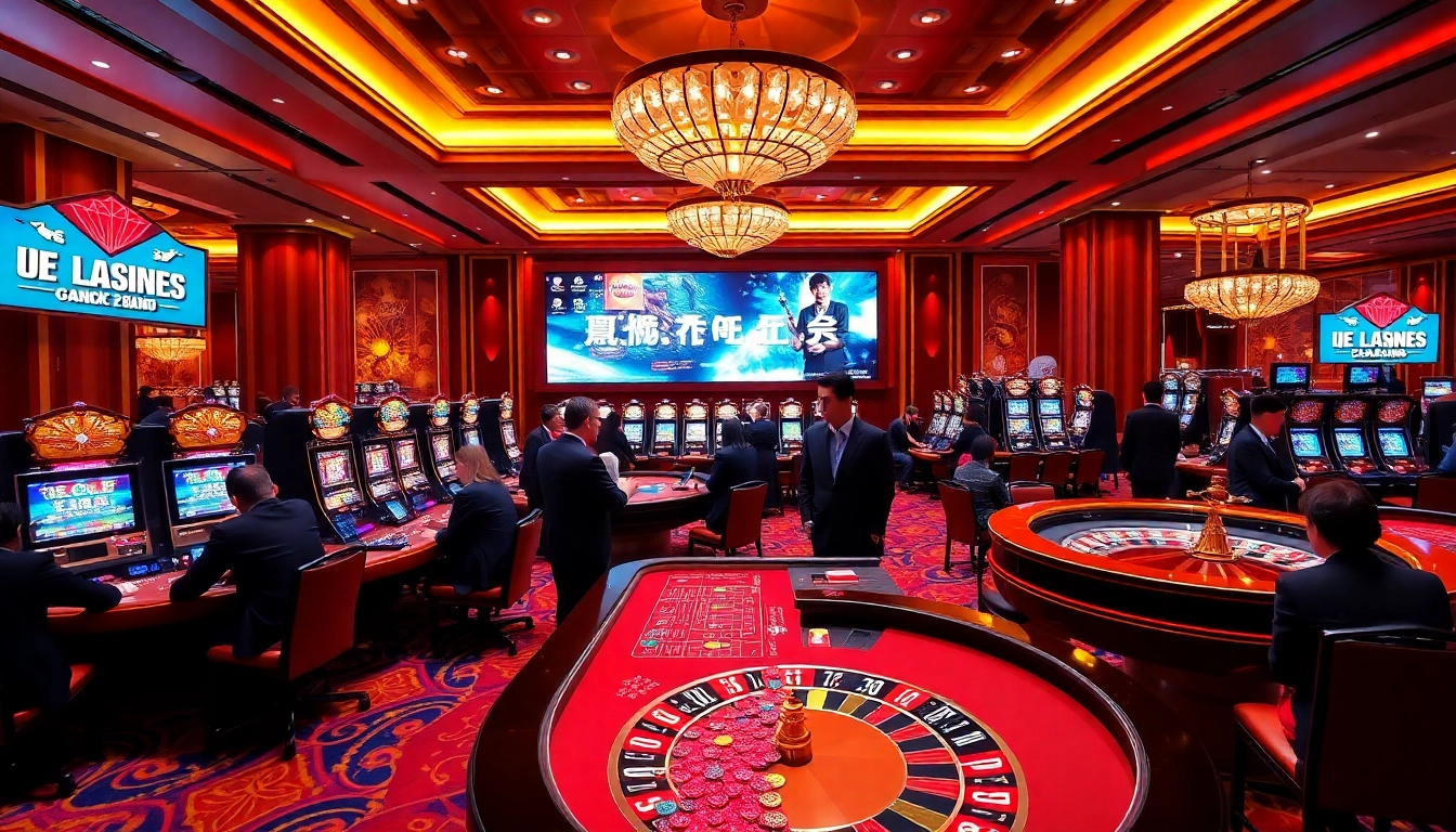 Engaged players enjoying a thrilling LC88 casino experience with vibrant tables and slot machines.