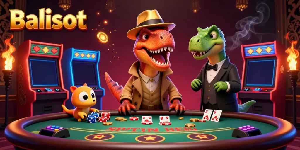 Balislot's exciting casino scene features a cartoon velociraptor card counter and unique gambling elements.